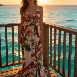 New Bee Unique Long Maxi Dress Off White & Red Floral So Soft sz L